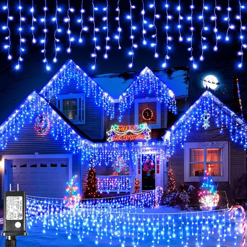 Vista 22 de Luces de carámbano para exteriores, 16.5 pies, 200 luces LED de Navidad para exteriores con 8 modos, impermeables, conectables, tira de luces