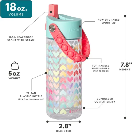 Vista 134 de Elemental Botellas de agua para niños – Botella de agua para niños Splash para la escuela con mango Pop-it – Botella de agua de plástico Tritan sin