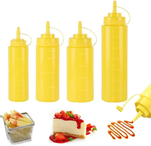 Vista 15 de Botellas de plástico de 3 colores de 12 onzas, botellas para apretar condimentos, botella multiusos para salsa de tomate, aceite, mermelada, salsa