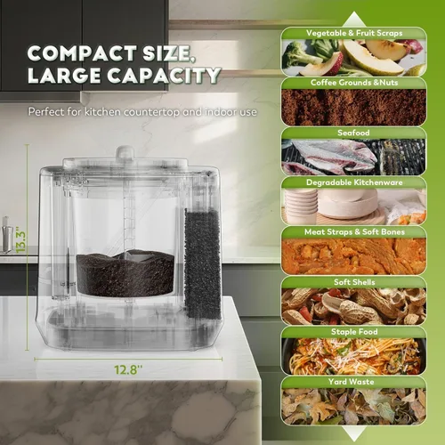 Vista 5 de Compostador eléctrico para cocina, contenedor de compostaje inteligente grande con 2 filtros de carbono, fabricante de abono rápido que convierte