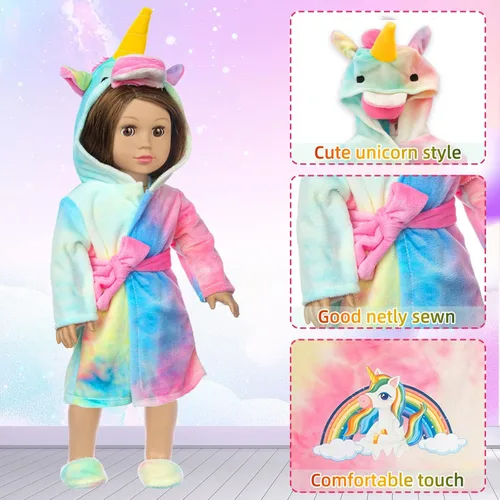 Vista 4 de XFEYUE Juego de ropa de muñeca americana de 18 pulgadas y saco de dormir, disfraz de unicornio arcoíris con saco de dormir estilo unicornio