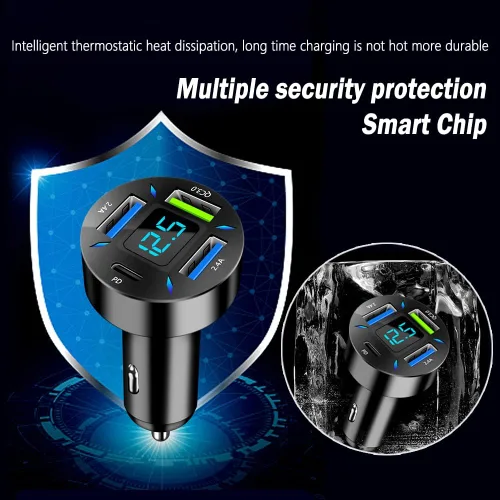 Vista 5 de Cargador rápido para automóvil, PD/QC3.0 cargador USB para automóvil con luces LED, cargador USB para encendedor de cigarrillos compatible