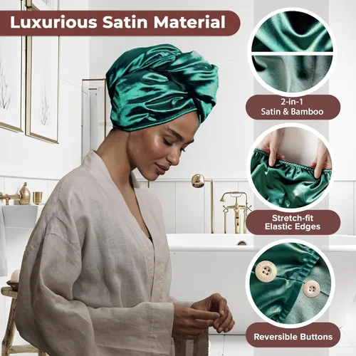 Vista 2 de Toalla de satén para el cabello, toalla turbante de doble capa para mujer, toalla de secado de cabello satinado para cabello rizado (azul)