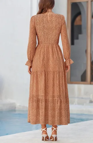 Vista 6 de BTFBM Vestidos de mujer casual de manga larga con cuello redondo para otoño, bohemios, de ajuste relajado, florales, fluidos, maxi, vestidos