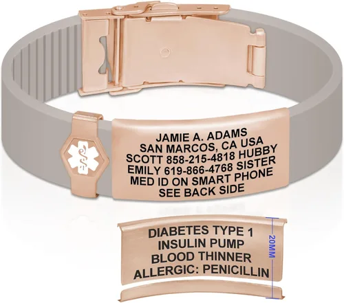 Vista 49 de Divoti Pulsera de identificación de alerta médica grabada personalizada, grabado láser de doble cara, pulsera de silicona, cierre de seguridad