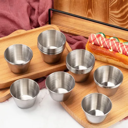 Vista 6 de Potchen 100 tazas de metal de 2.5 onzas para salsa, tazas de condimentos de acero inoxidable a granel, tazones de inmersión redondos, recipientes