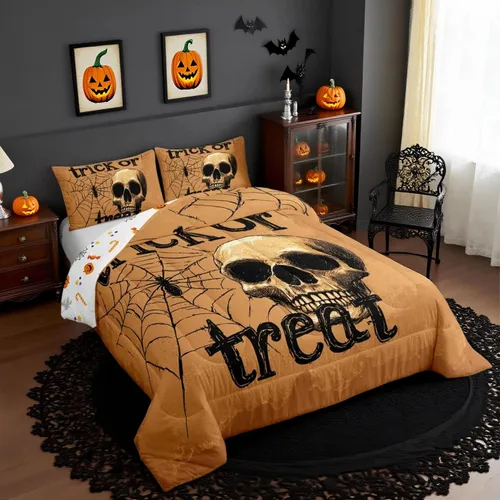 Vista 25 de Feelyou Juego de edredón de calabaza para todas las estaciones, decoración de Halloween, juego de ropa de cama con 1 funda de almohada, microfibra