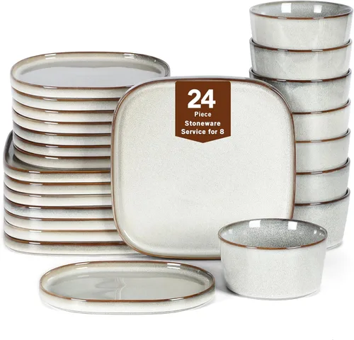 Vista 11 de Stone Lain Grace - Juego de vajilla cuadrada de gres, 12 piezas de servicio para 4, juego de platos y tazones, color negro