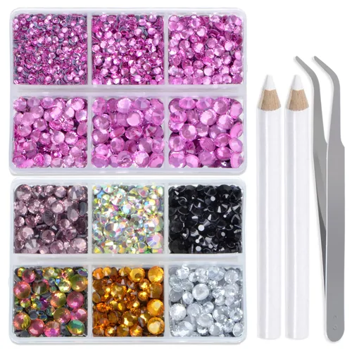 Vista 15 de LPBeads 6400 unidades de diamantes termoadhesivos de 12 colores con parte trasera plana, 5 tamaños mixtos, gemas de cristal redondas con pinzas