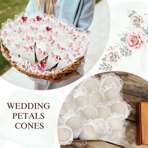 Vista 5 de Yinsun 60 conos de confeti de boda, cono de papel hueco blanco, patrón de flores, papel de encaje de confeti para ramo pequeño, pétalos de rosa