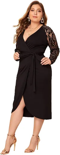 Vista 3 de SheIn Vestido de tubo elástico con mangas de encaje en contraste para mujer elegante con cinturón