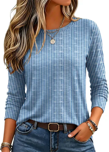 Zeagoo Paquete de 3 camisetas de manga larga para mujer, estilo casual, suave, cuello redondo, básicas, ropa de otoño Z Rayas Azul 273