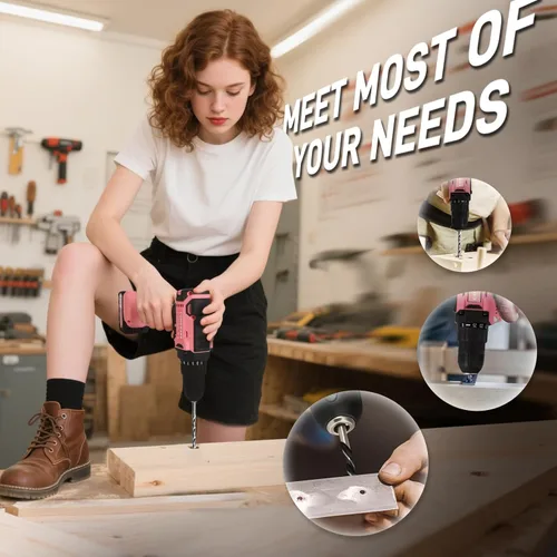 Vista 6 de COMOWARE - Juego de herramientas para el hogar rosa con taladro inalámbrico de 20V, juego de 120 piezas de herramientas manuales para mujeres, juego