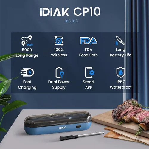 Vista 2 de Termómetro inalámbrico para carne a la parrilla y ahumar, CP10 nueva generación de 500 pies, termómetro de carne de 500 pies, sensor doble, alarma