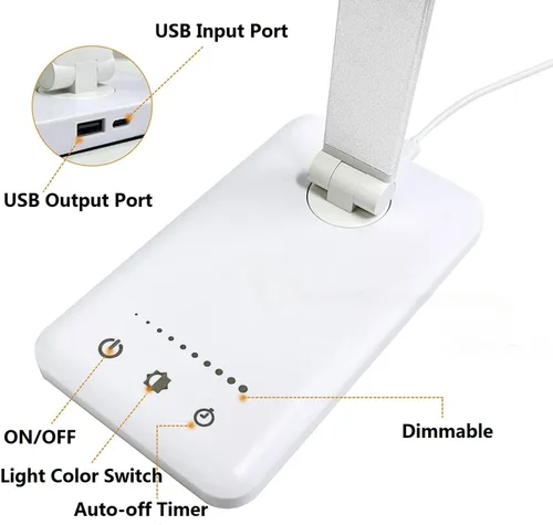 Vista 2 de White crown Lámpara de escritorio LED regulable, lámpara de lectura con puerto de carga USB, 5 modos de iluminación, control sensible, temporizador