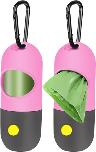 Vista 8 de Paquete de 2 dispensadores de bolsas para excremento de perro con linterna LED integrada, portabolsas de desechos para mascotas para correa con clip