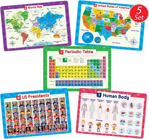 Simply Magic 5 manteles individuales para niños, antideslizantes, lavables y reutilizables, manteles individuales educativos: Mapas del mundo y