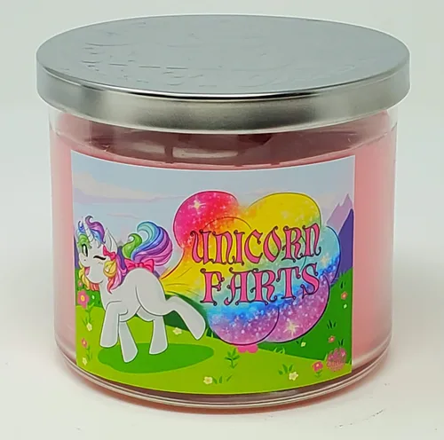 Vista 8 de Vela perfumada Unicorn Farts, aroma a refresco de uva, vela de cera de soja totalmente natural (3 mechas grandes, refresco de uva morada)