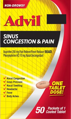 Vista 14 de Advil Sinus Congestion and Pain, Sinus Relief Medicine, Pain Reliever and Fever Reducer with Ibuprofen and Phenylephrine HCl - 50 Coated Tablets