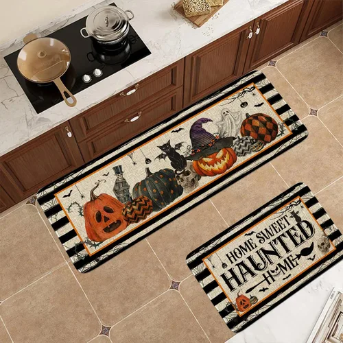 Vista 6 de Juego de 2 tapetes de cocina de Halloween, hogar encantado para el hogar, tapete de cocina de Halloween, decoración de cocina de Halloween