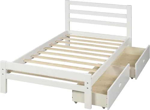 Vista 4 de Cama de plataforma individual con cajones de almacenamiento, plataforma de madera maciza con cabecero y estribo, no necesita somier, color blanco