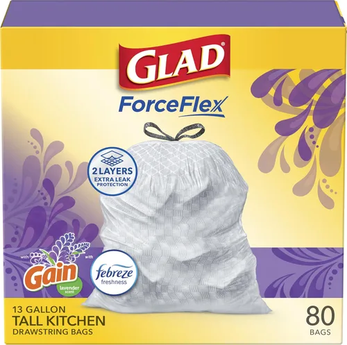 Glad ForceFlex - Bolsas de basura con cordón para cocina, 13 galones, Gain Lavender, 80 unidades (el paquete puede variar)