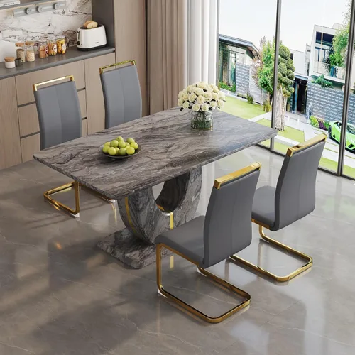 Vista 60 de JUFU Juego de mesa de comedor moderno para 4, juego de mesa de cocina rectangular de 63 pulgadas con mesa de mármol sintético y 4 sillas tapizadas