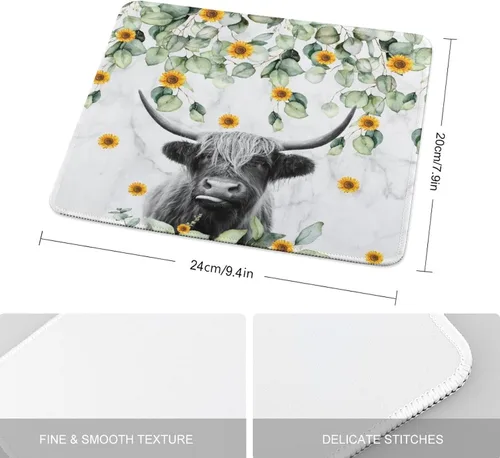 Vista 2 de Highland Cow - Divertida alfombrilla para mouse con base de goma antideslizante, animal rústico de granja con girasol de eucalipto en mármol gris