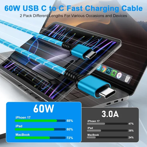Vista 2 de Cable de carga rápida para iPhone 17 Pro Max 17 Pro 17 Pro 17 Air 16e 16 Pro Max/Plus/Pro 15, 60 W, paquete de 2 cables de carga de 10 pies de largo