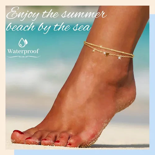 Vista 4 de Tobilleras de plata de ley para mujer, impermeables, chapadas en plata 925 con circonita cúbica y dije de corazón, tobilleras de capas delicadas