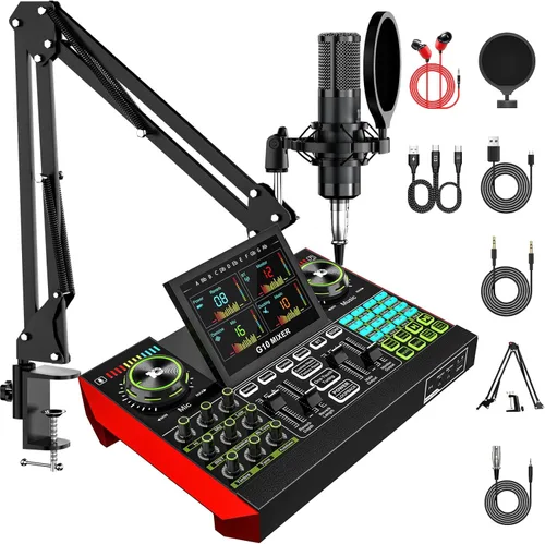 Vista 13 de Conjunto de micrófono de podcast con tarjeta de sonido en vivo y mezclador de audio, equipo de podcast con micrófono BM800 de 3.5mm para PC/YouTube