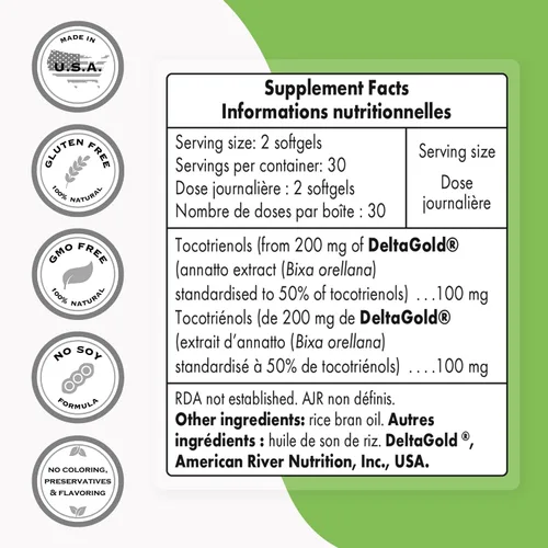 Vista 3 de Supersmart Annatto Tocotrienoles 100 mg por día (DeltaGold Vitamina E) - Suplemento de tocotrienoles Sin OMG y sin gluten - 60 cápsulas blandas