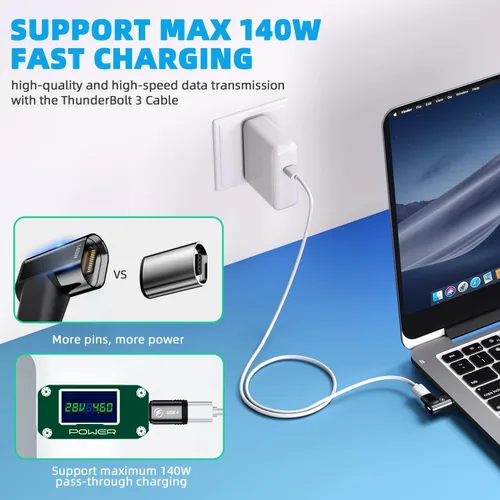 Vista 2 de Adaptador magnético USB tipo C, (1 unidad), adaptador USB C magnético de 24 pines con PD de 140 W, USB4, transferencia de datos de 20 Gbps 8K 60Hz