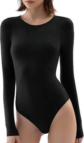 PUMIEY Body de cuello redondo y manga larga con sensación de segunda piel para mujer, colección Smoke Cloud 01 Negro azabache