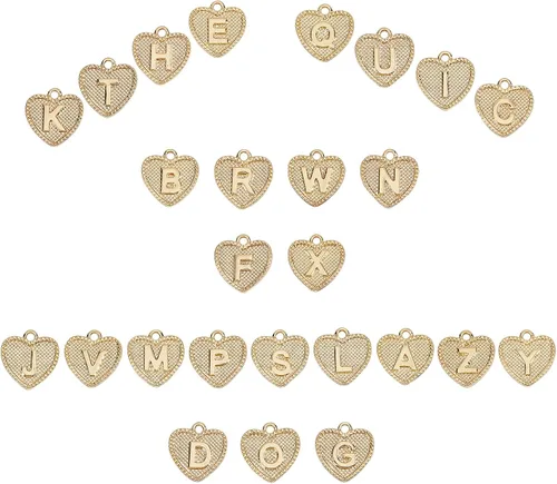 SUNNYCLUE 1 caja de 26 dijes chapados en oro real de 18 quilates con letras de corazón a granel del alfabeto para pulseras, collares, dijes de copa