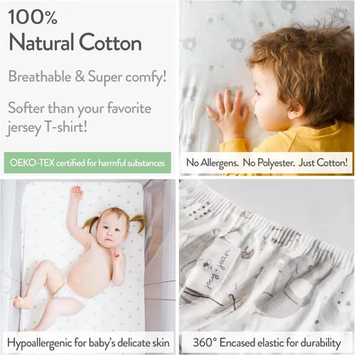 Vista 3 de Cuddly Cubs: sábanas de jersey de algodón Pack N Play. Juego de 2 sábanas bajeras para cuna o colchón. En color gris menta con diseño de rayas