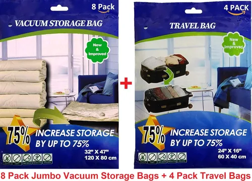 Vista 2 de Pack de 13 bolsas ahorra espacio de guardado al vacío, bolsas de tamaño mediano a extra grande, XL, tamaño jumbo, combo con bolsa de viaje y estuche