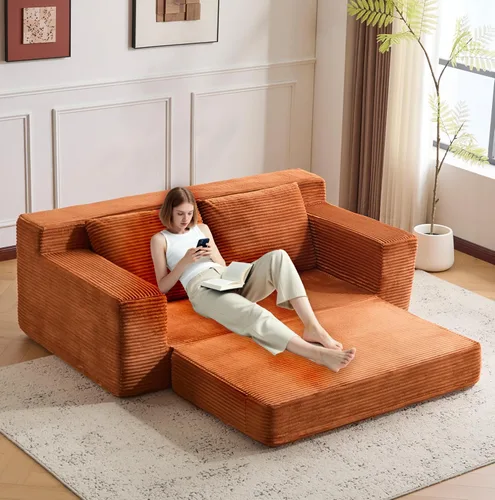 Vista 7 de Deep Seat Loveseat Sofa Bed, Modern Small Corduroy Couch Ideal for Living Room Bedroom, Reversible Cushion with Pillows, No Assembly, Orange