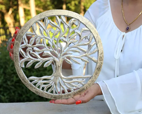 Vista 9 de DharmaObjects Decoración de pared de madera hecha a mano del árbol de la vida, arte colgante (negro)