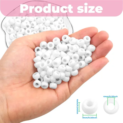 Vista 2 de 1000 piezas Cuentas de pony para pulsera de 9 mm, cuentas de plástico blanco en barril para collar, cuentas de pelo para trenzas, llavero