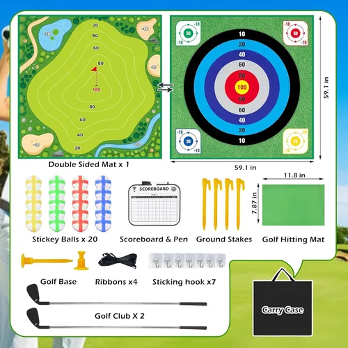 Vista 7 de ROSE ME Juego de astillado de golf, alfombrilla de astillado de doble cara, 20 bolas adhesivas, 2 palos ajustables, juego de golf familiar