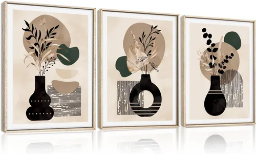 Vista 9 de HOURIA Navy Blue Neutral Tan Leaf Framed Canvas Wall Art Set,Wabi Sabi Boho Mid Century Leaves Wall Decor,Modern Abstract Minimalist Beige Botanical
