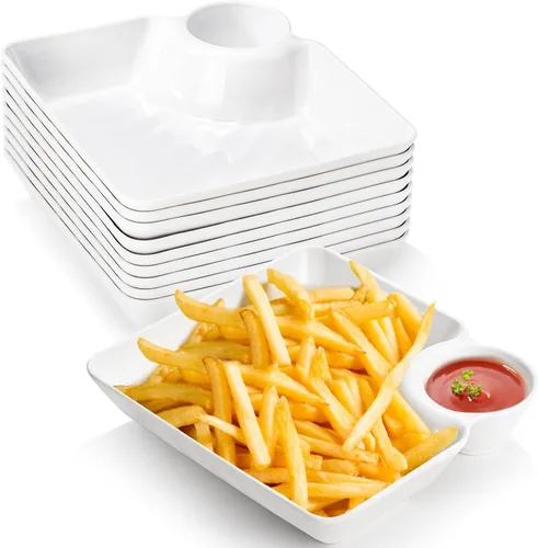 Lawei Juego de 10 platos de papas fritas y platos de inmersión, platos de plástico para albóndigas con platillo de inmersión, platos blancos