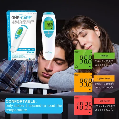 Vista 4 de ONE-CARE Termómetro infrarrojo HTD8818A – Sin contacto, termómetro Homedics, alta precisión, lectura rápida, temperatura corporal y ambiente, bebé