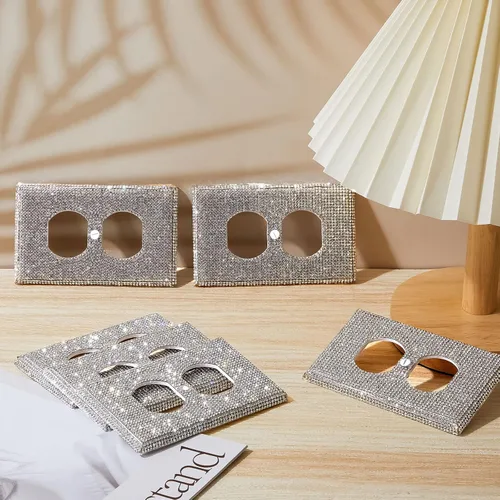 Vista 5 de 10 piezas de placas de pared brillantes plateadas con diamantes de imitación, cubiertas decorativas para enchufes con purpurina para el hogar