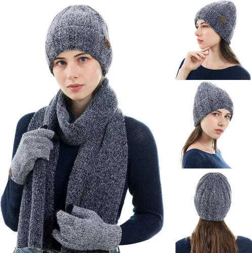 Vista 6 de Gorro de punto cálido para mujer, para pantalla táctil, conjunto de bufanda larga con forro polar y gorras de calavera para mujeres y hombres