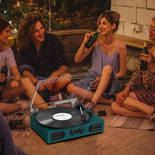 Vista 5 de Tocadiscos de vinilo con altavoces integrados de 3 velocidades, tocadiscos vintage con control de agudos y graves, conector de auriculares de 3.5mm