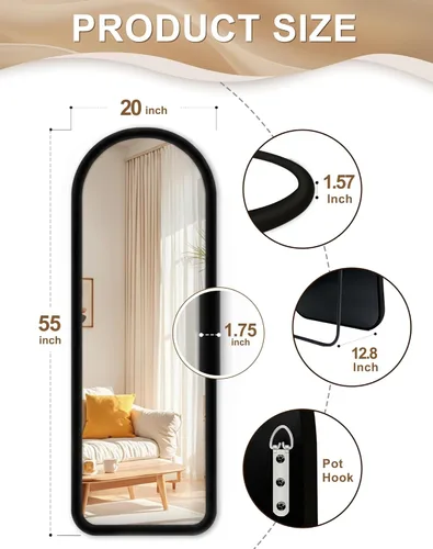 Vista 2 de Delma Espejo arqueado de longitud completa, espejo con marco de terciopelo para apoyar o colgar, decoración de dormitorio y sala de estar, negro