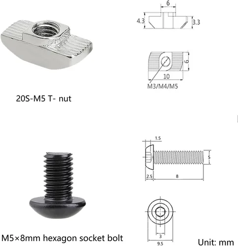 Vista 4 de Kit de 240 tornillos de tuercas en T M5 para extrusión de aluminio de la serie 2020, kit de tuercas de tornillo de ranura de 0.236 in, 120 tornillos