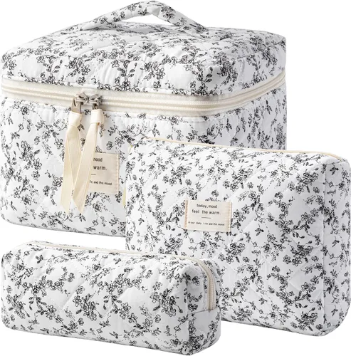 Vista 23 de HBselect Bolsa de Maquillaje Acolchada, 3 Piezas de Gran Bolsa de Maquillaje de Viaje de Algodón, Linda Bolsa de Maquillaje Floral Coquette, Bolsa